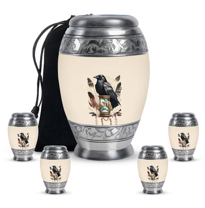 Ivory White Crow Cremation Urn detail view - ornate monarch-style crow relief on brushed aluminum - memorial set with one large and four small urns
