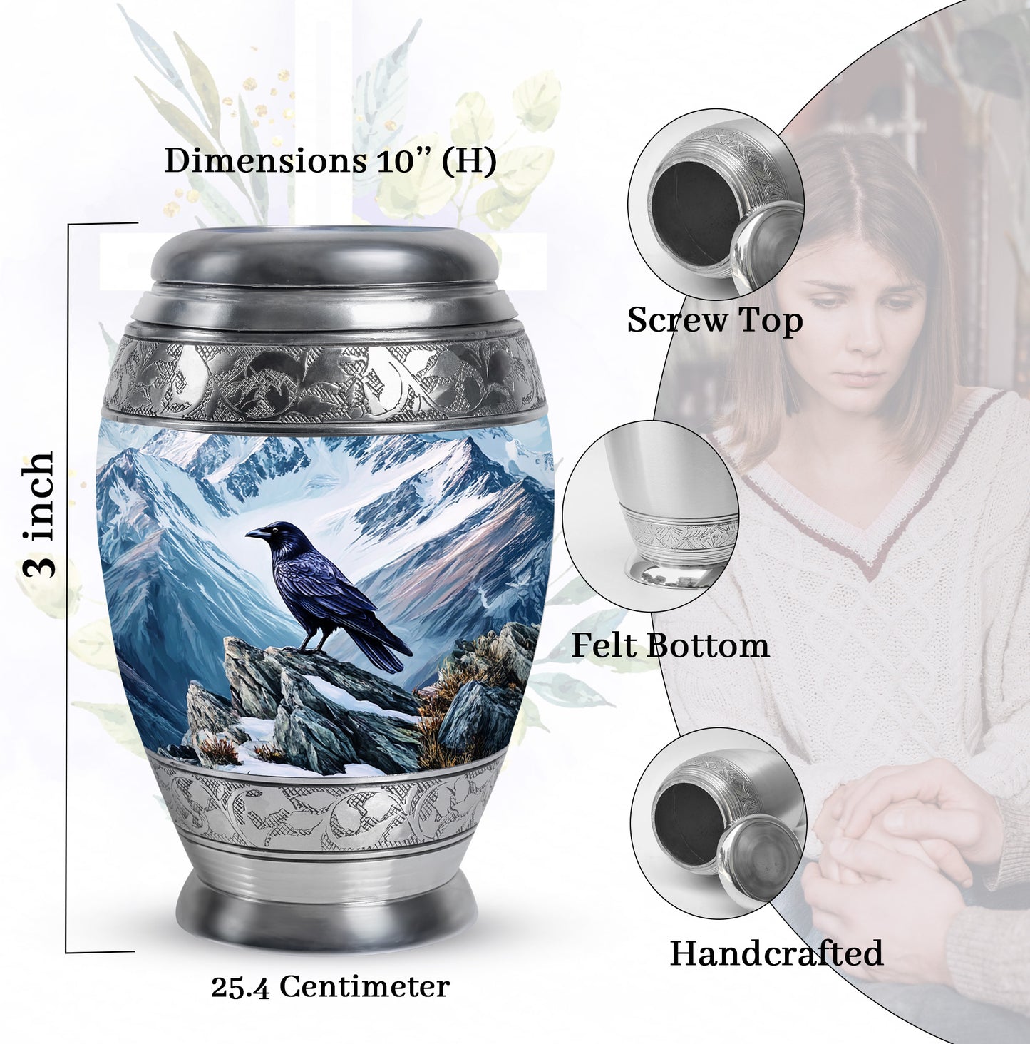 Cornflower Blue Crow Cremation Urn lifestyle display on memorial shelf - royal crow engraving with decorative scrollwork - mini keepsake memorial for portion of cremation ashes