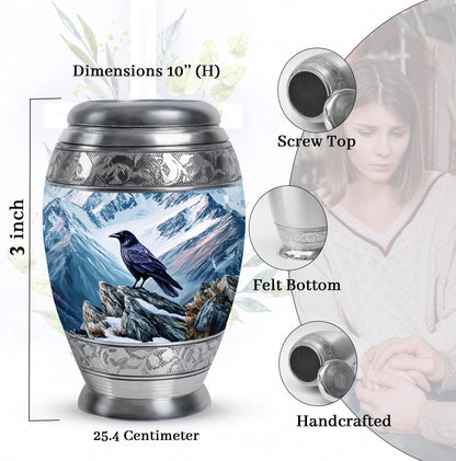 Cornflower Blue Crow Cremation Urn lifestyle display on memorial shelf - royal crow engraving with decorative scrollwork - mini keepsake memorial for portion of cremation ashes