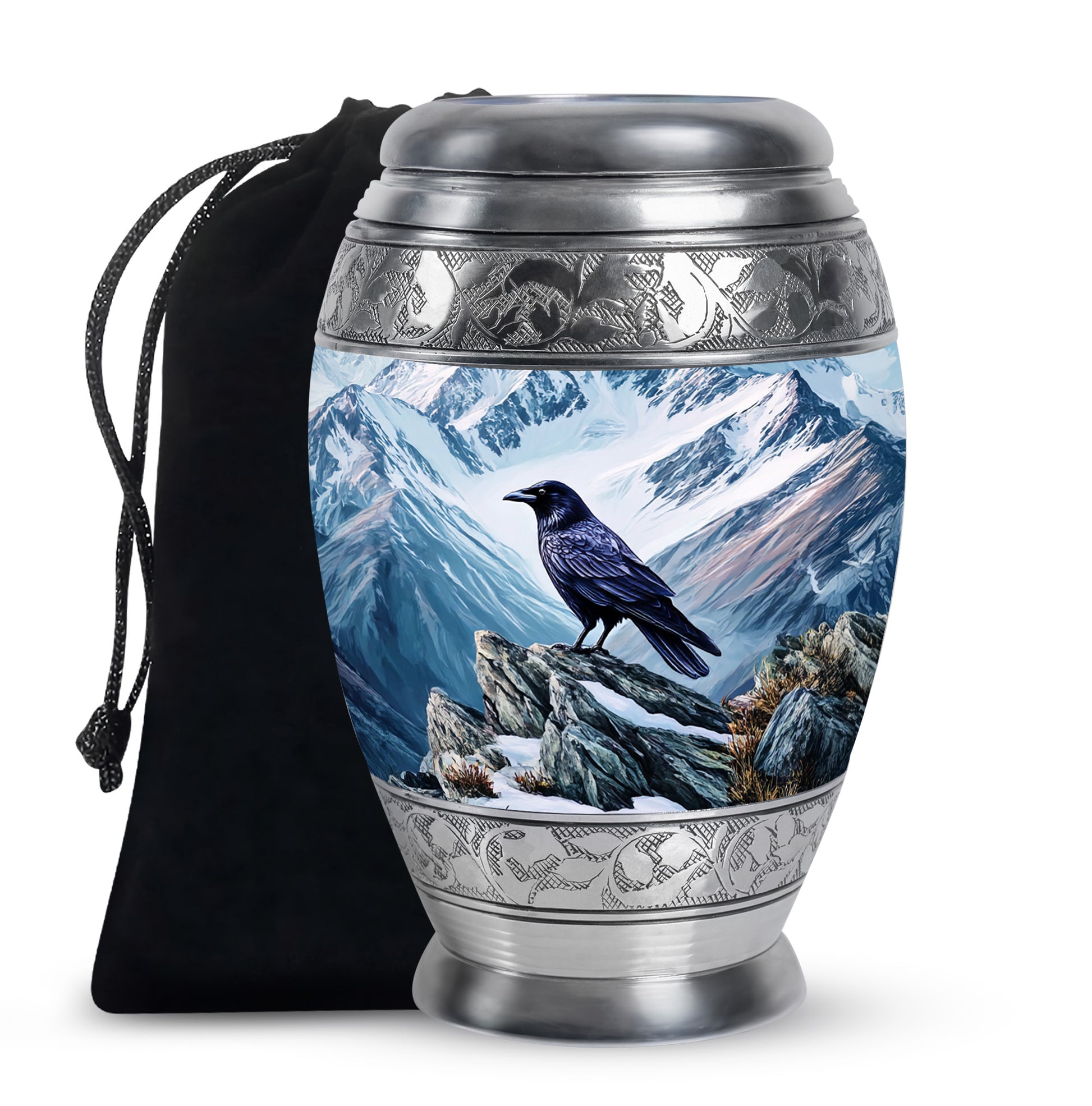 Steel Blue Crow Cremation Urn back view with polished surface - majestic crow pattern with filigree border - full-size 10 inch 200 cubic inch adult cremation urn