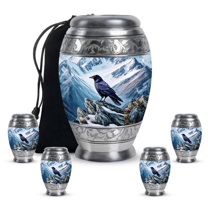 Misty Blue Crow Cremation Urn detail view - regal crow design with crown-inspired accents - memorial set with one large and four small urns