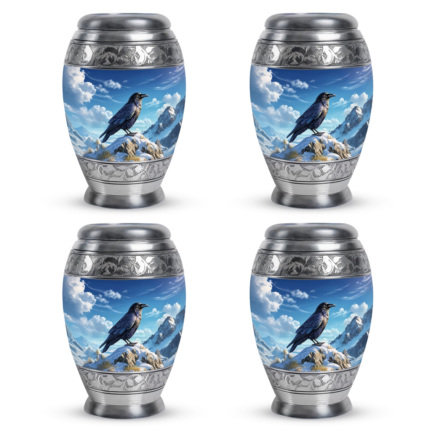 Misty Blue Crow Cremation Urn urn with complimentary velvet bag - regal crow design with crown-inspired accents - 10 inch aluminum urn for cremated remains
