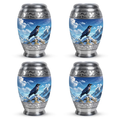 Misty Blue Crow Cremation Urn urn with complimentary velvet bag - regal crow design with crown-inspired accents - 10 inch aluminum urn for cremated remains