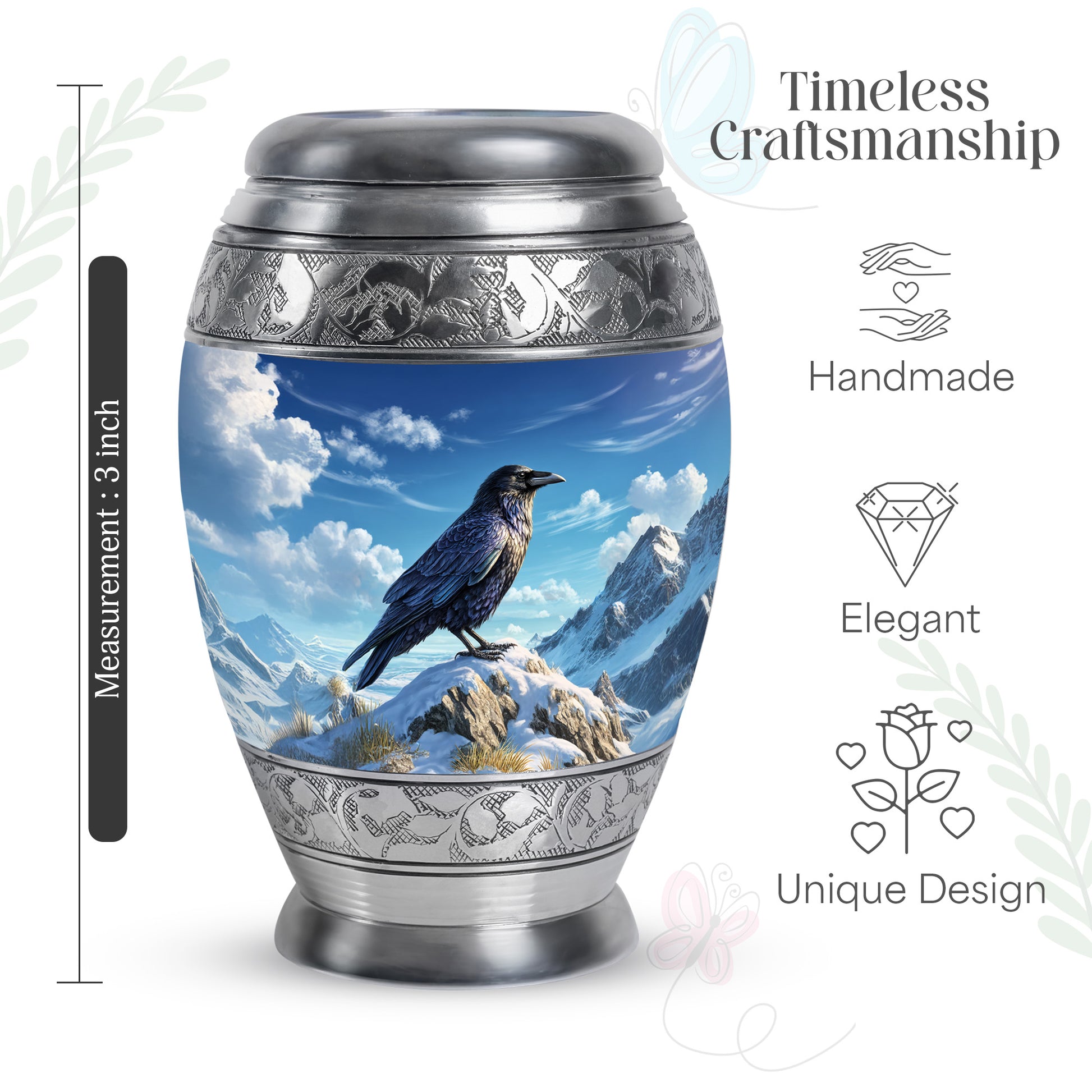 Pastel Blue Crow Cremation Urn lifestyle display on memorial shelf - regal crow design with crown-inspired accents - mini keepsake memorial for portion of cremation ashes
