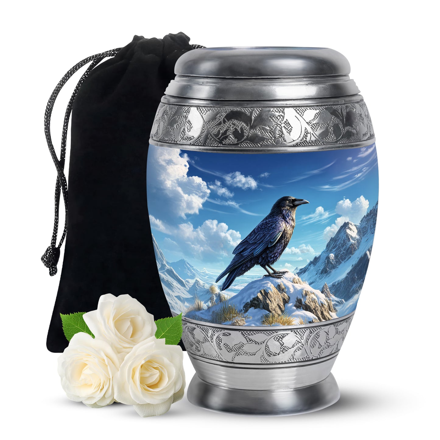 Slate Blue Crow Cremation Urn back view with polished surface - regal crow design with crown-inspired accents - full-size 10 inch 200 cubic inch adult cremation urn