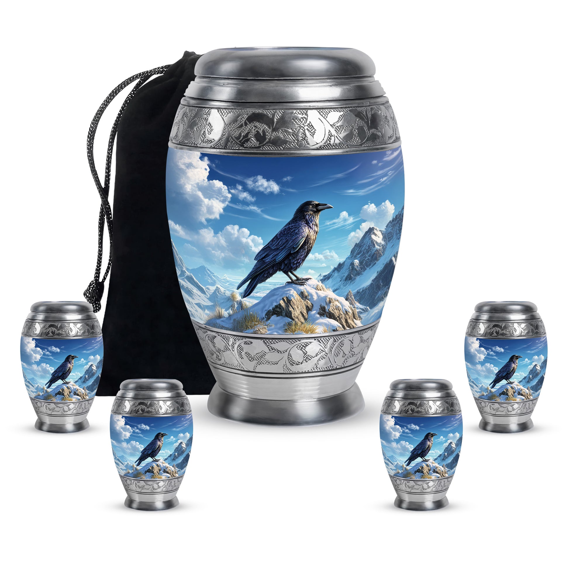 Vivid Blue Crow Cremation Urn detail view - royal crow engraving with decorative scrollwork - memorial set with one large and four small urns