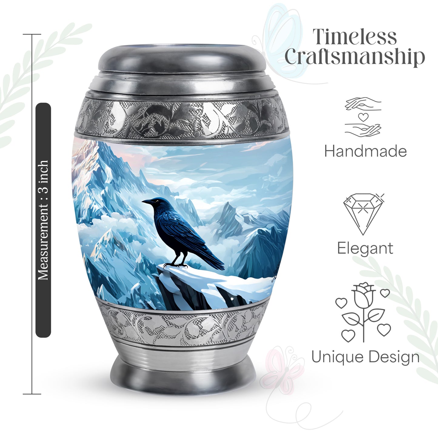 Navy Blue Crow Cremation Urn lifestyle display on memorial shelf - regal crow design with crown-inspired accents - mini keepsake memorial for portion of cremation ashes