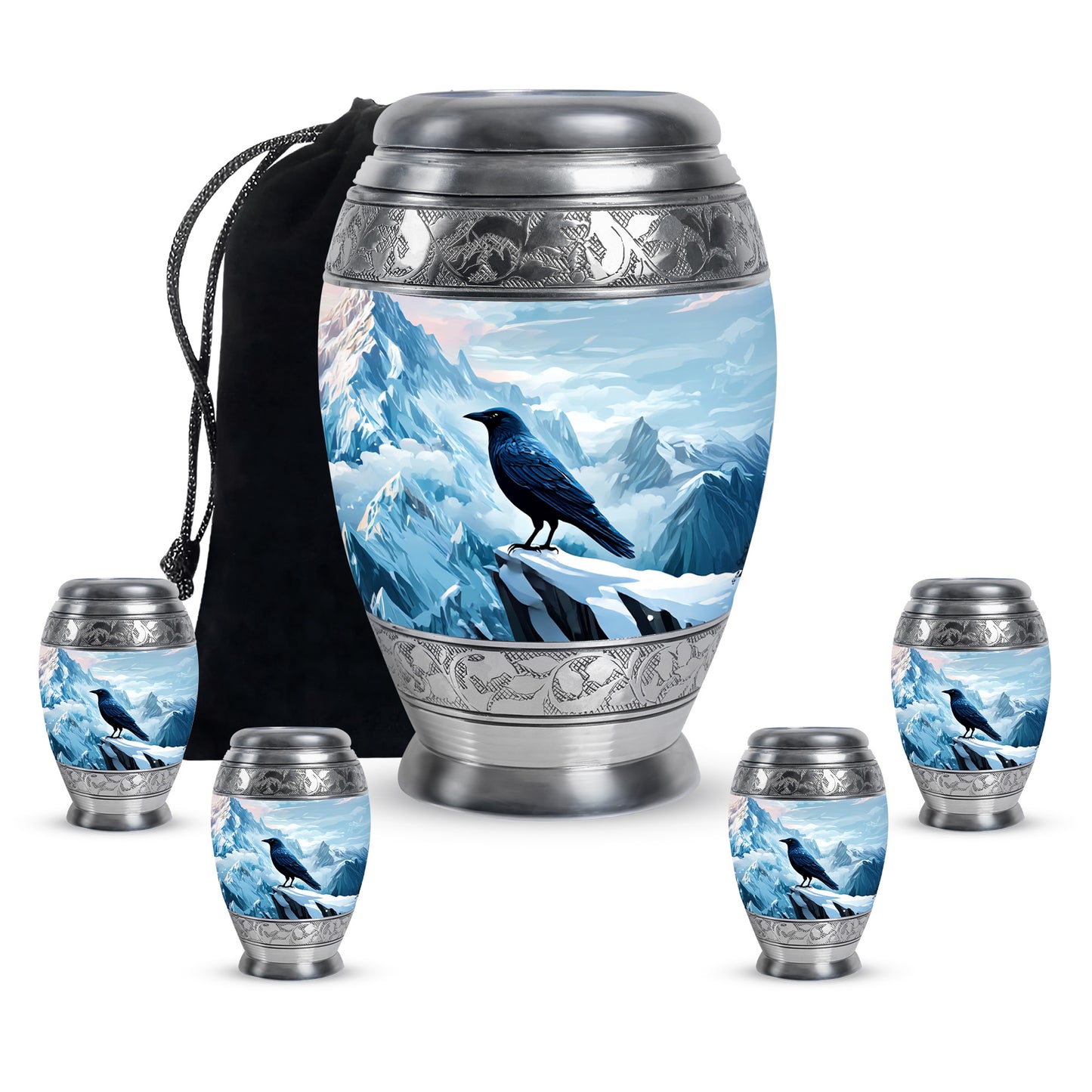Dusty Blue Crow Cremation Urn detail view - regal crow design with crown-inspired accents - memorial set with one large and four small urns