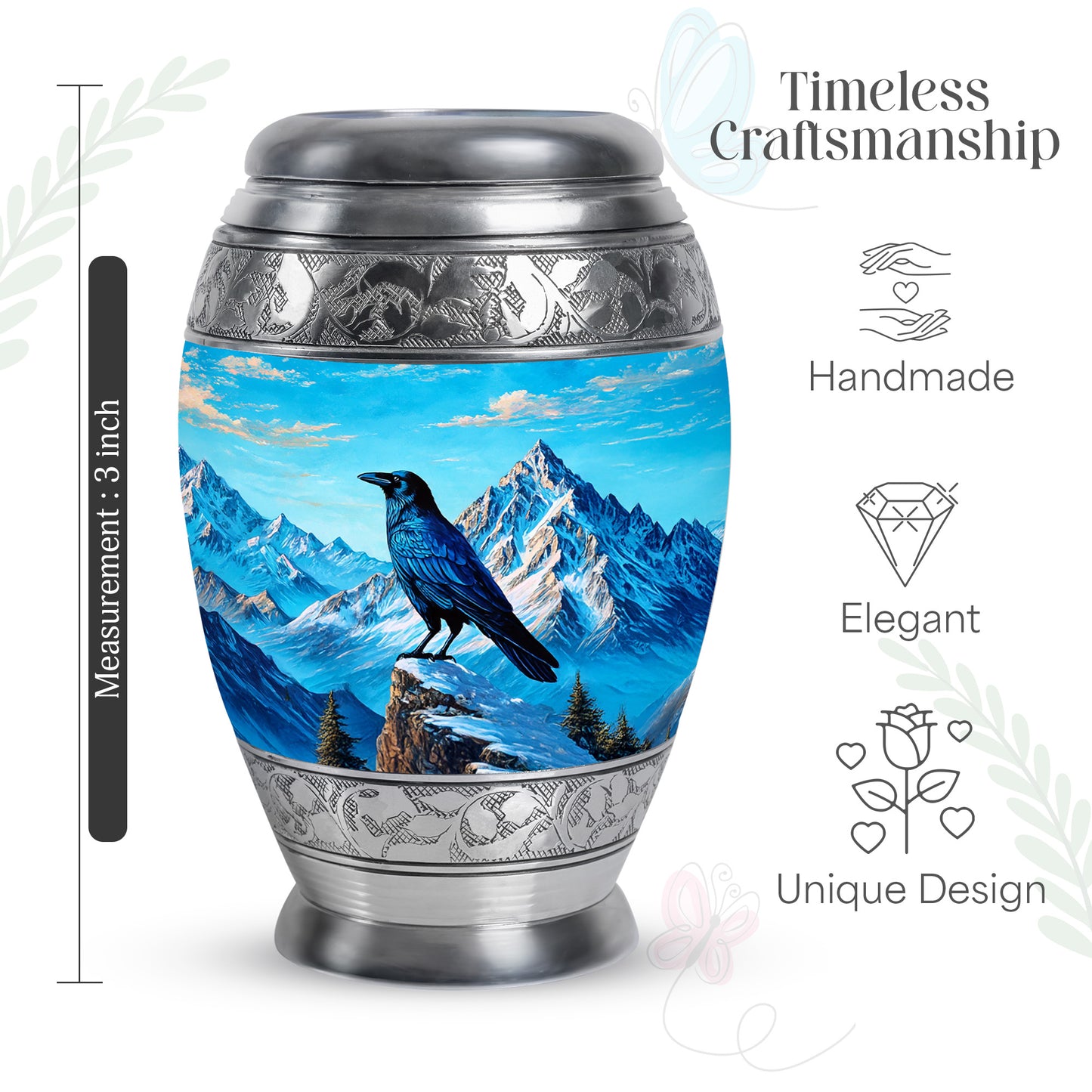 Sky Blue Crow Cremation Urn lifestyle display on memorial shelf - regal crow design with crown-inspired accents - mini keepsake memorial for portion of cremation ashes