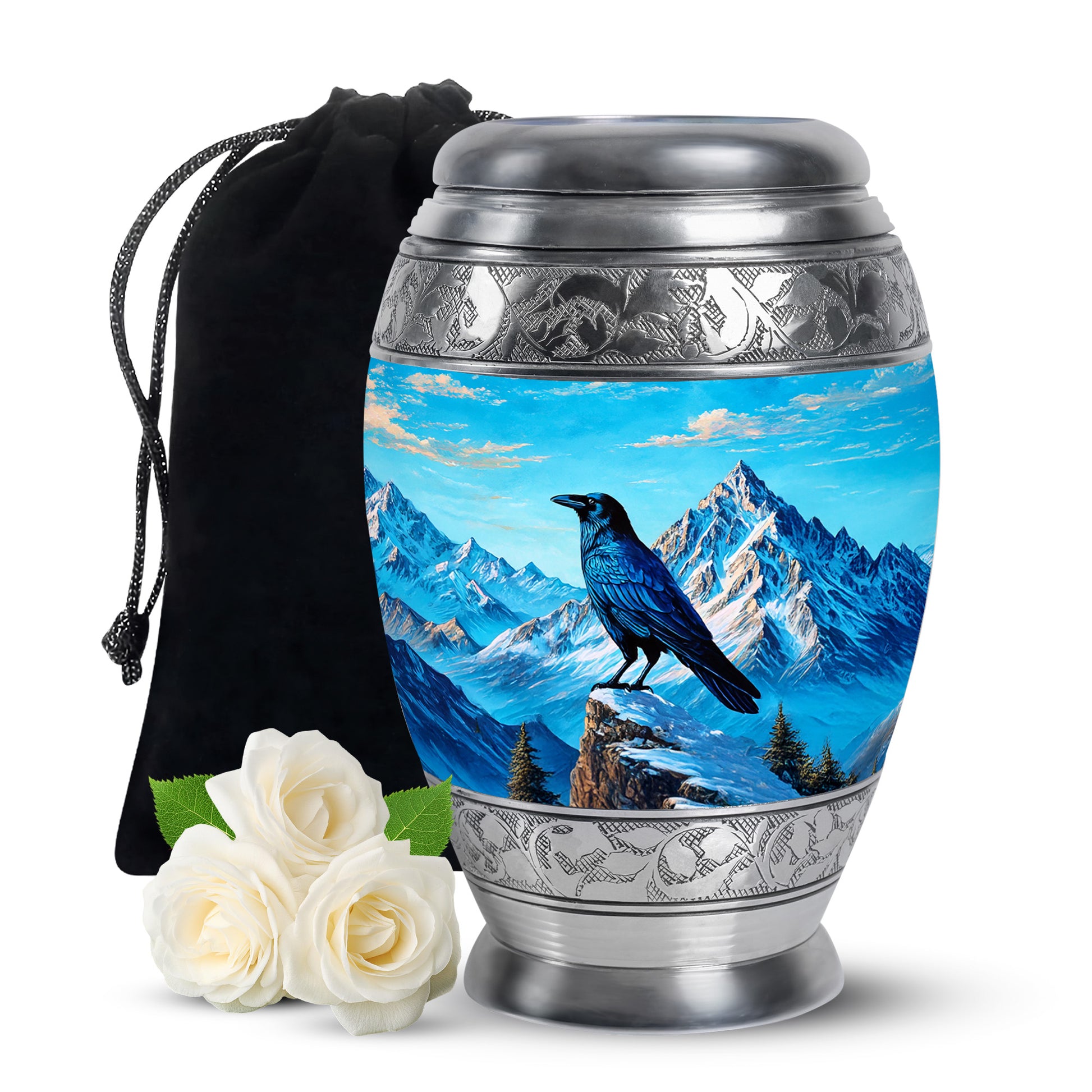 Powder Blue Crow Cremation Urn back view with polished surface - ornate monarch-style crow relief on brushed aluminum - full-size 10 inch 200 cubic inch adult cremation urn