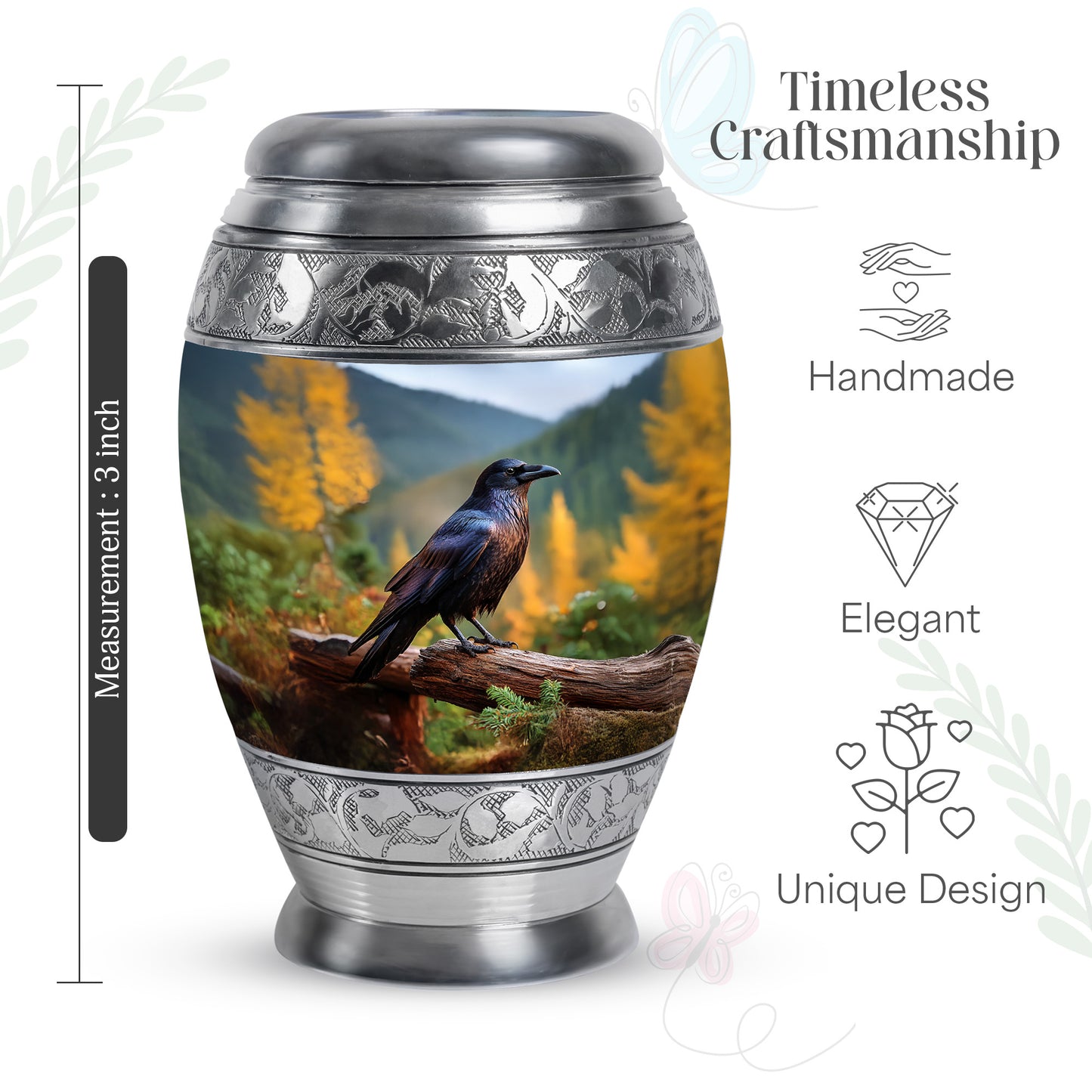 Vivid Blue Crow Cremation Urn lifestyle display on memorial shelf - royal crow engraving with decorative scrollwork - mini keepsake memorial for portion of cremation ashes