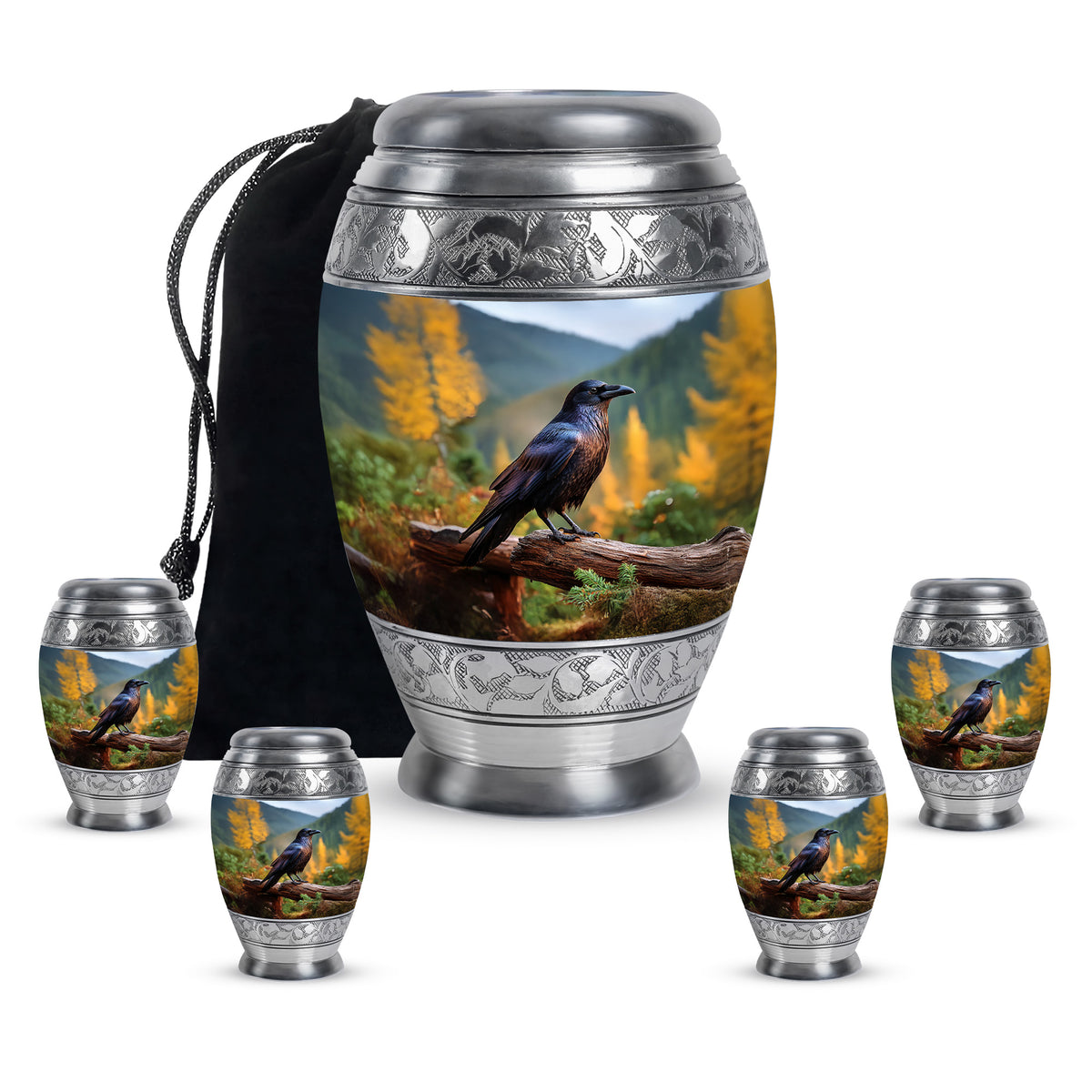 Calming Blue Crow Cremation Urn detail view - majestic crow pattern with filigree border - memorial set with one large and four small urns