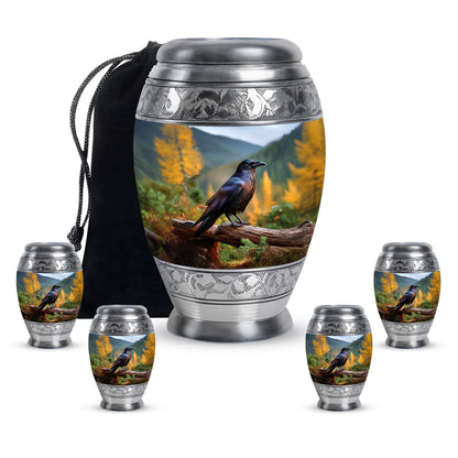 Calming Blue Crow Cremation Urn detail view - majestic crow pattern with filigree border - memorial set with one large and four small urns