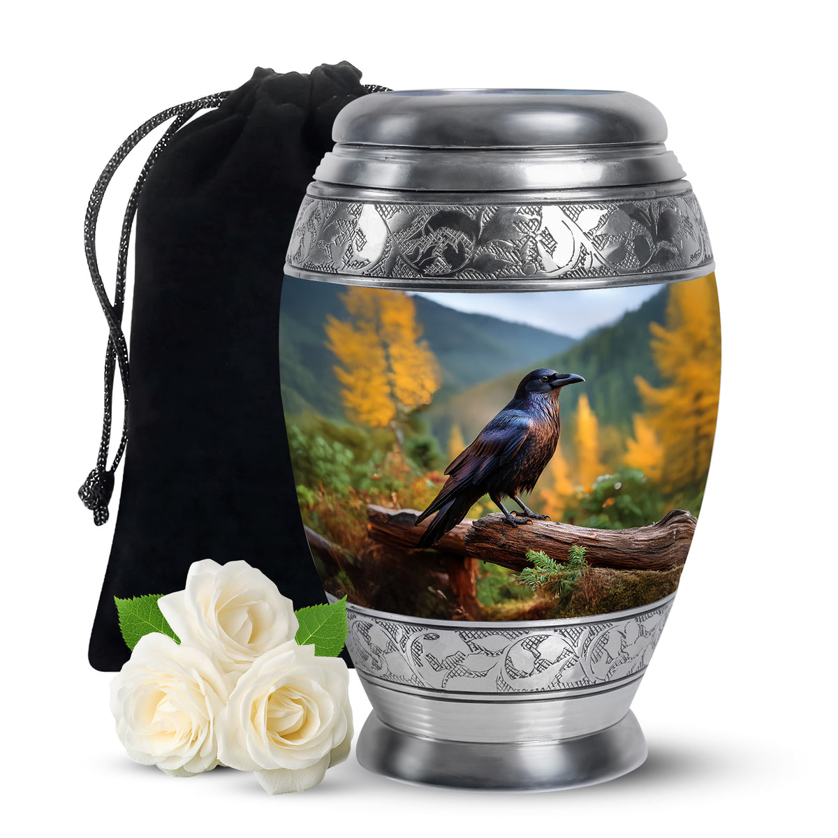 Steel Blue Crow Cremation Urn back view with polished surface - majestic crow pattern with filigree border - full-size 10 inch 200 cubic inch adult cremation urn