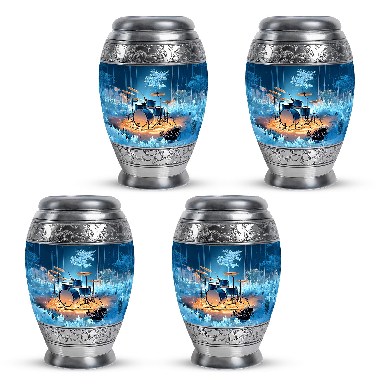 Slate Blue Drums Cremation Urn urn with complimentary velvet bag - ornate monarch-style drums relief on brushed aluminum - 10 inch aluminum urn for cremated remains
