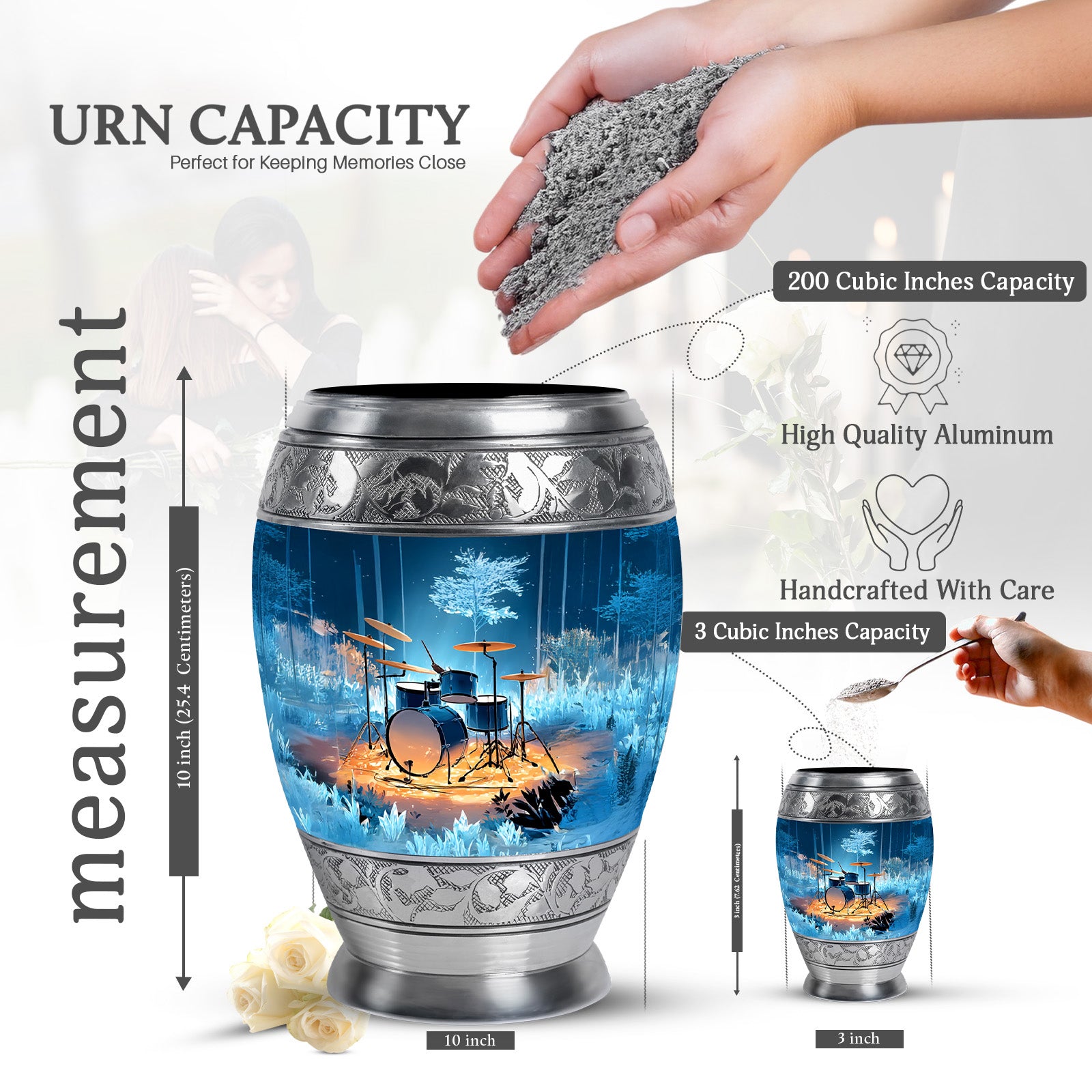 Vivid Blue Drums Cremation Urn lifestyle display on memorial shelf - royal drums engraving with decorative scrollwork - mini keepsake memorial for portion of cremation ashes