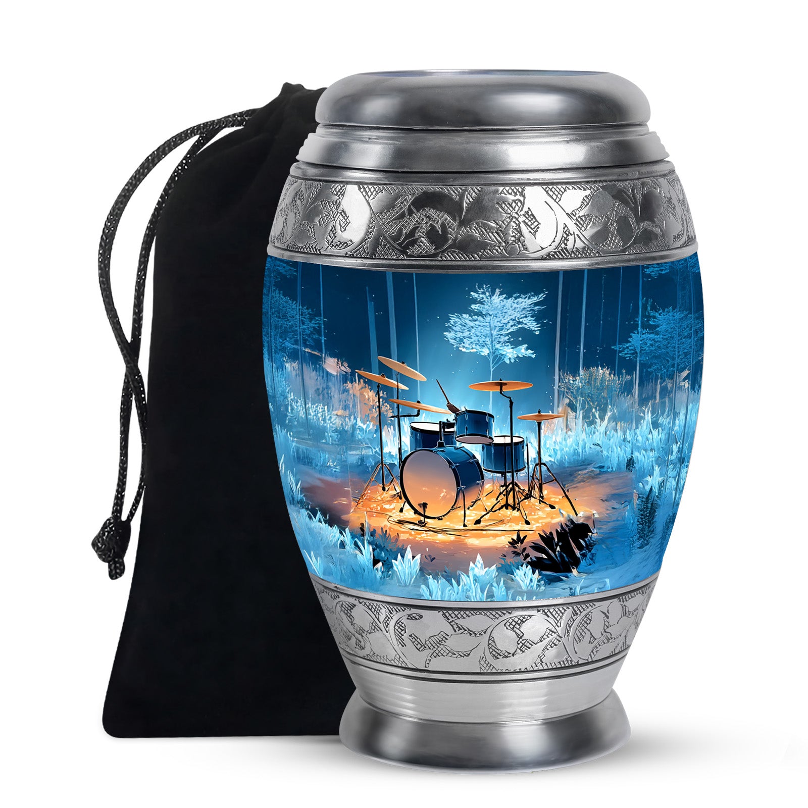 Azure Drums Cremation Urn back view with polished surface - ornate monarch-style drums relief on brushed aluminum - full-size 10 inch 200 cubic inch adult cremation urn