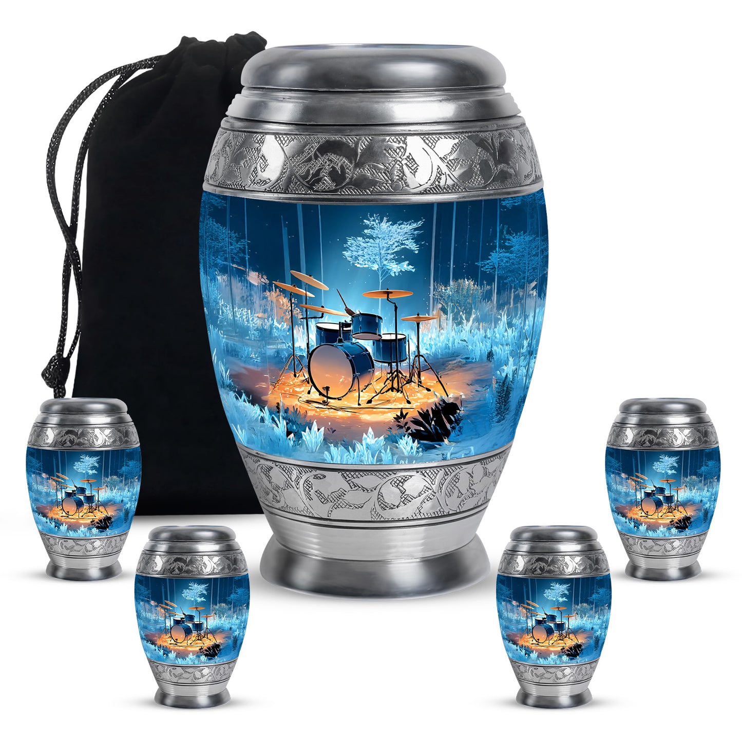 Sky Blue Drums Cremation Urn detail view - ornate monarch-style drums relief on brushed aluminum - memorial set with one large and four small urns