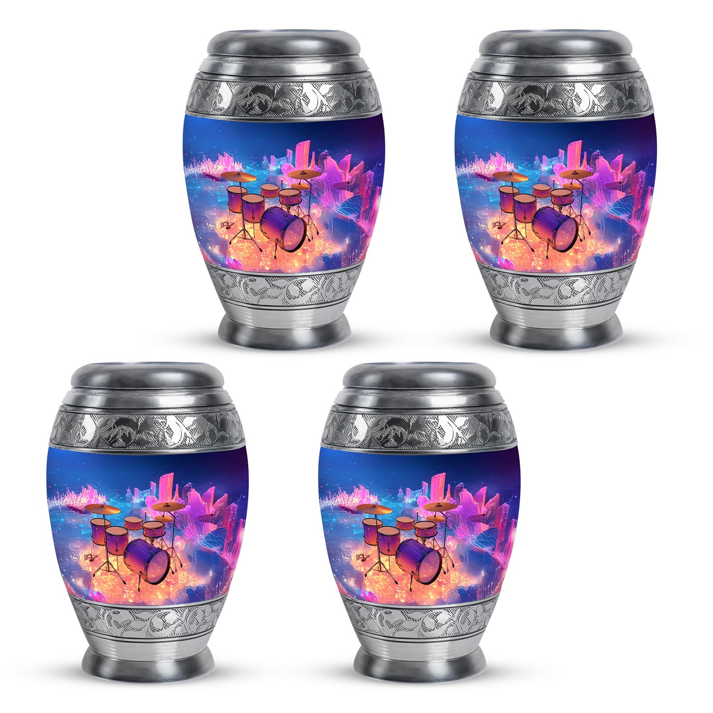 Soft Blue Drums Cremation Urn urn with complimentary velvet bag - royal drums engraving with decorative scrollwork - 10 inch aluminum urn for cremated remains