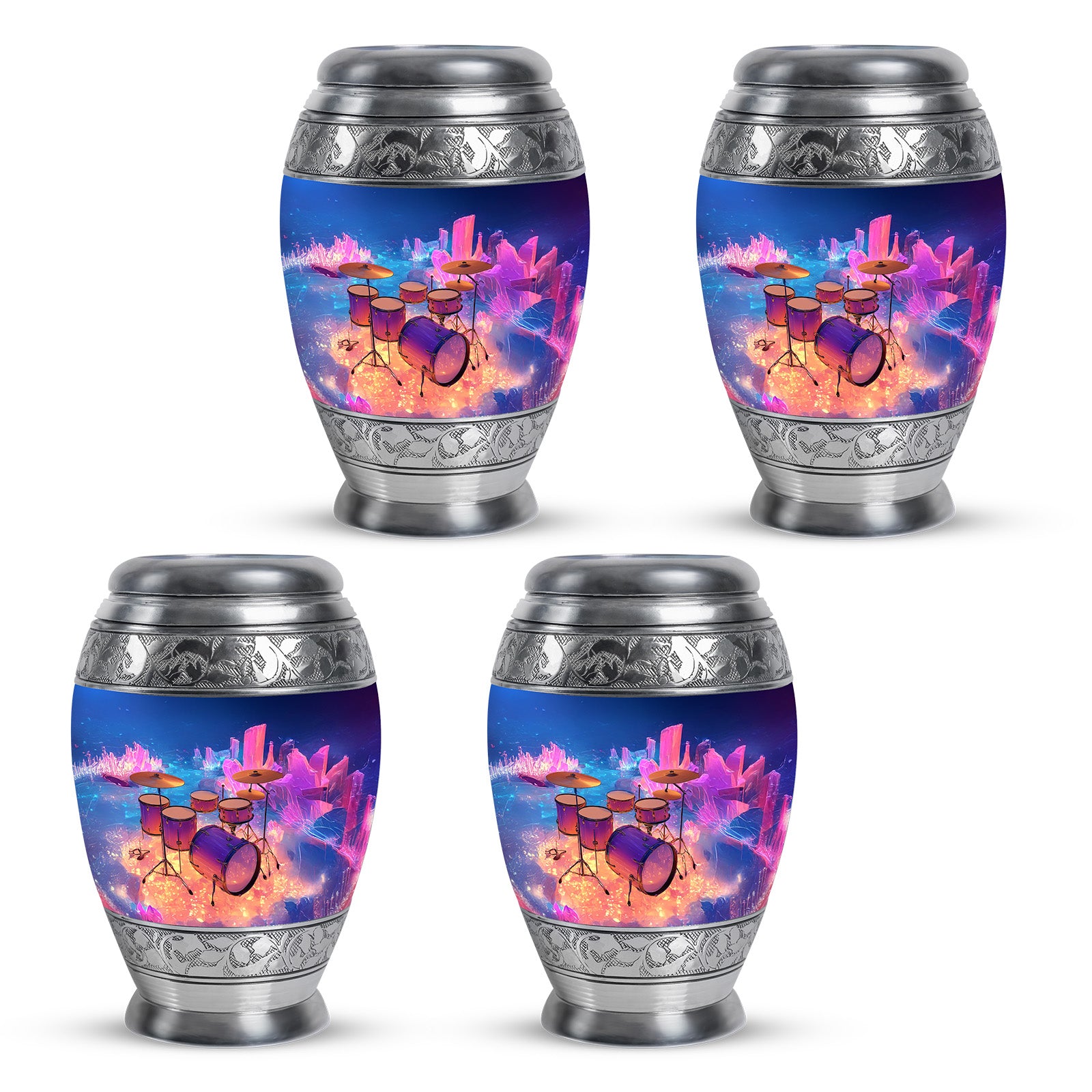 Soft Blue Drums Cremation Urn urn with complimentary velvet bag - royal drums engraving with decorative scrollwork - 10 inch aluminum urn for cremated remains