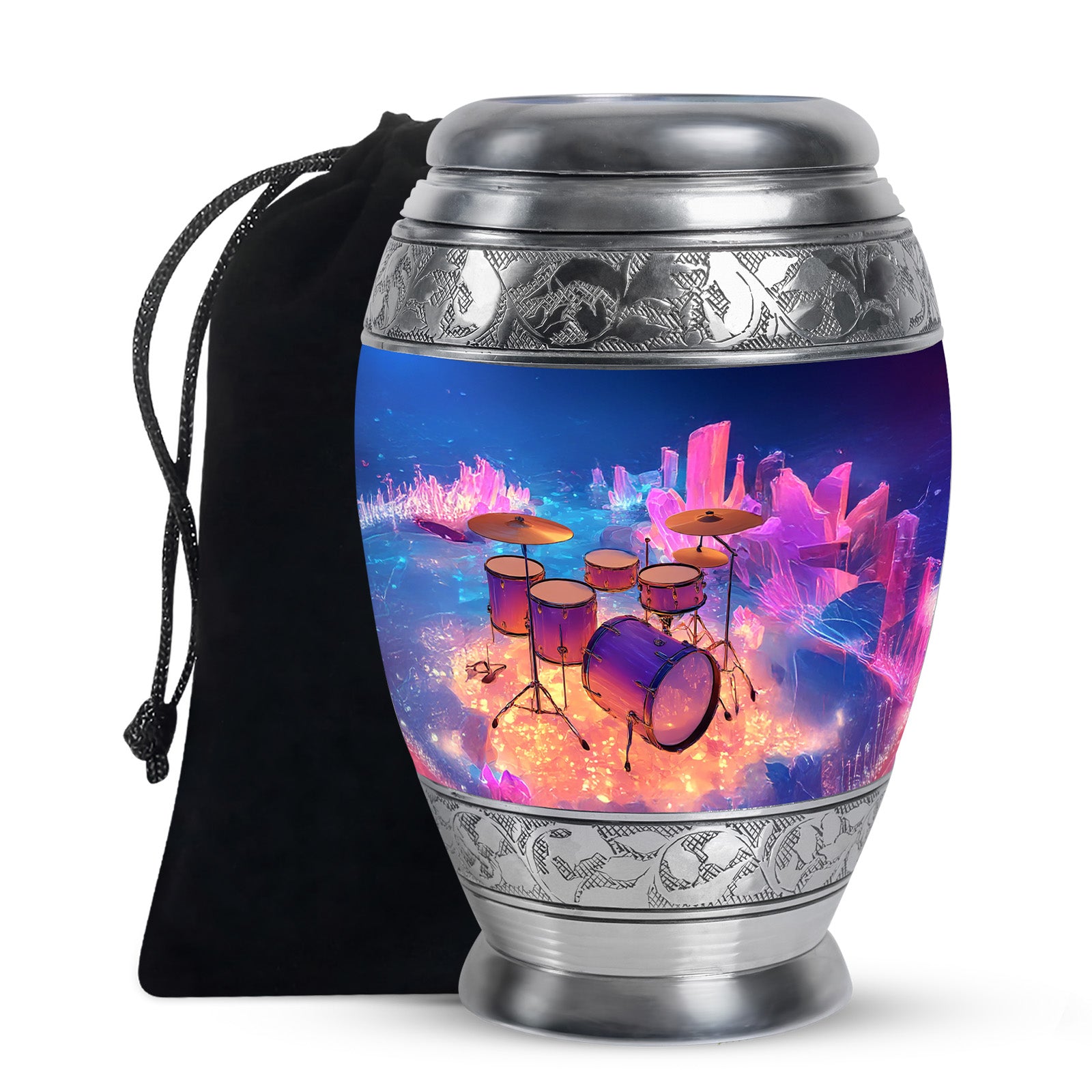 Vivid Blue Drums Cremation Urn back view with polished surface - majestic drums pattern with filigree border - full-size 10 inch 200 cubic inch adult cremation urn