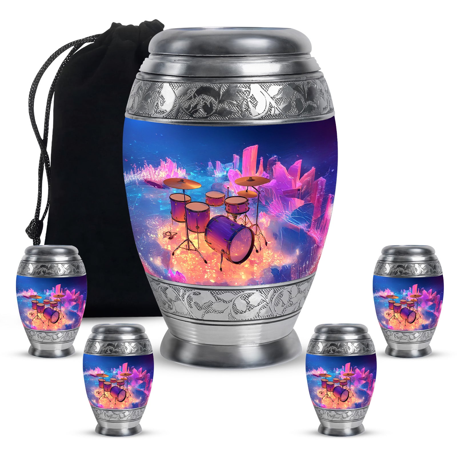 Icy Blue Drums Cremation Urn detail view - ornate monarch-style drums relief on brushed aluminum - memorial set with one large and four small urns