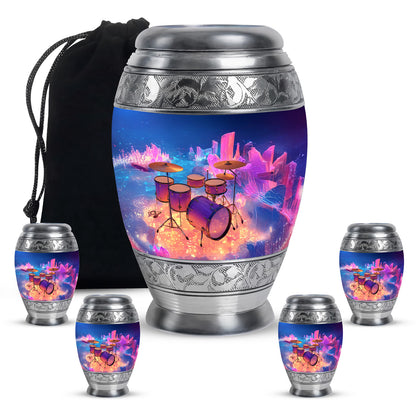 Icy Blue Drums Cremation Urn detail view - ornate monarch-style drums relief on brushed aluminum - memorial set with one large and four small urns