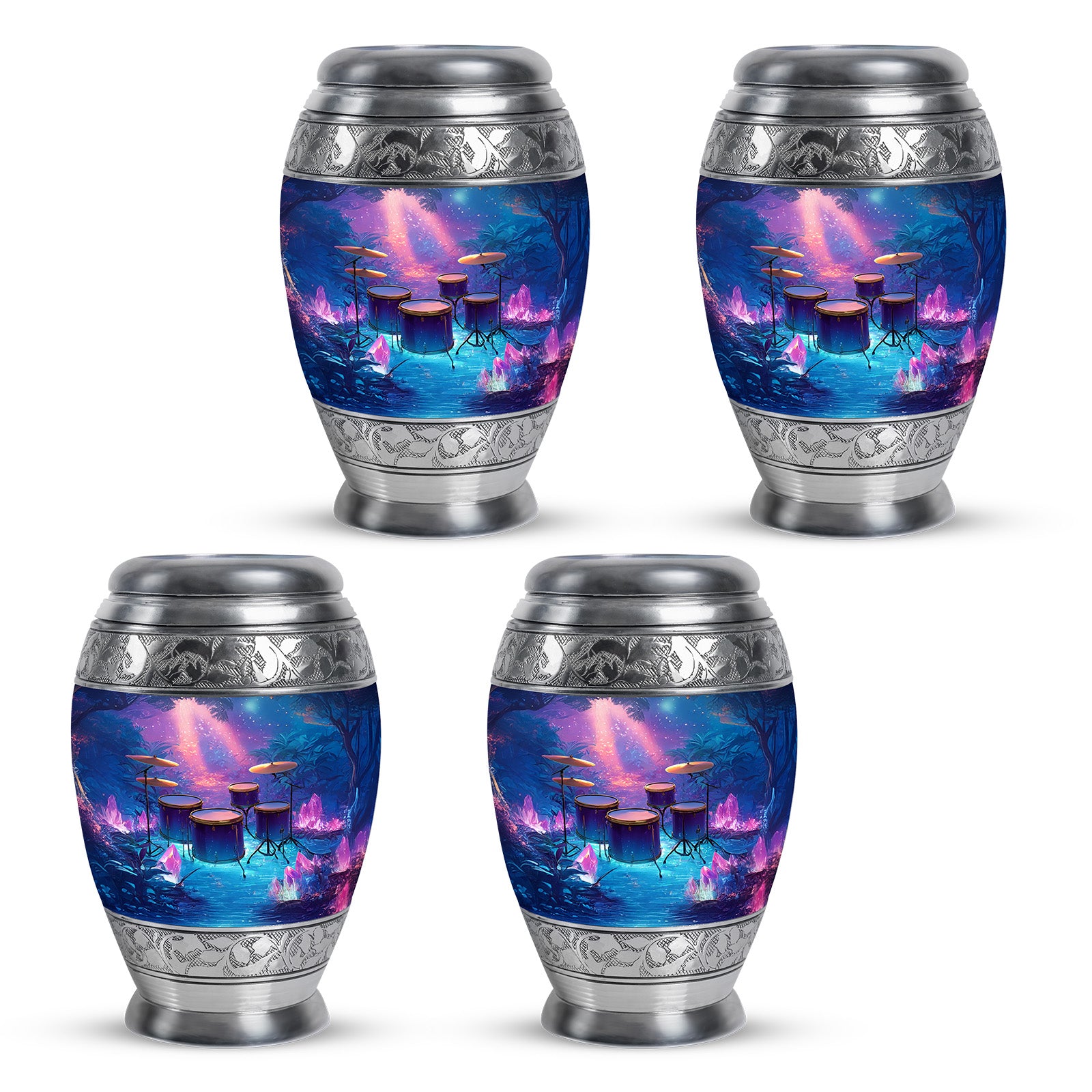 Steel Blue Drums Cremation Urn urn with complimentary velvet bag - royal drums engraving with decorative scrollwork - 10 inch aluminum urn for cremated remains