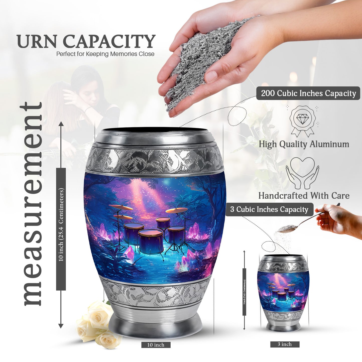 Calming Blue Drums Cremation Urn lifestyle display on memorial shelf - majestic drums pattern with filigree border - mini keepsake memorial for portion of cremation ashes