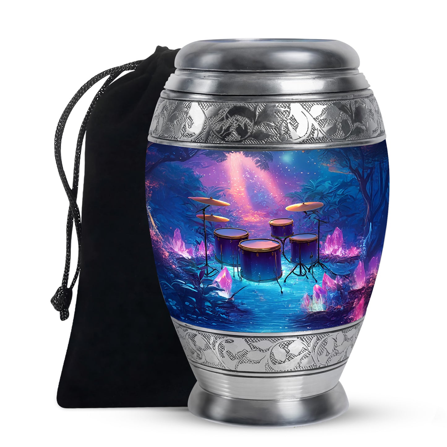 Cornflower Blue Drums Cremation Urn back view with polished surface - majestic drums pattern with filigree border - full-size 10 inch 200 cubic inch adult cremation urn