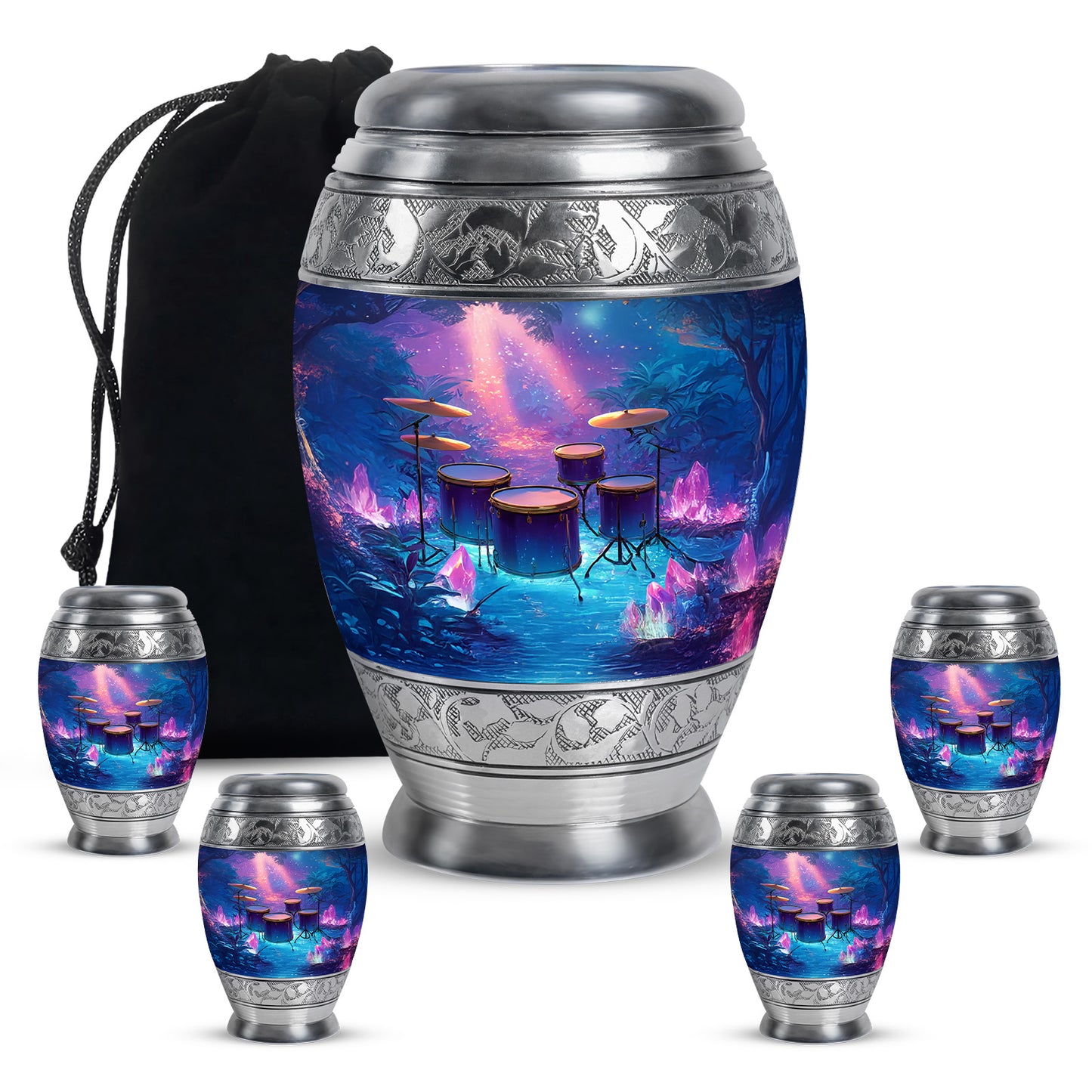 Azure Drums Cremation Urn detail view - ornate monarch-style drums relief on brushed aluminum - memorial set with one large and four small urns