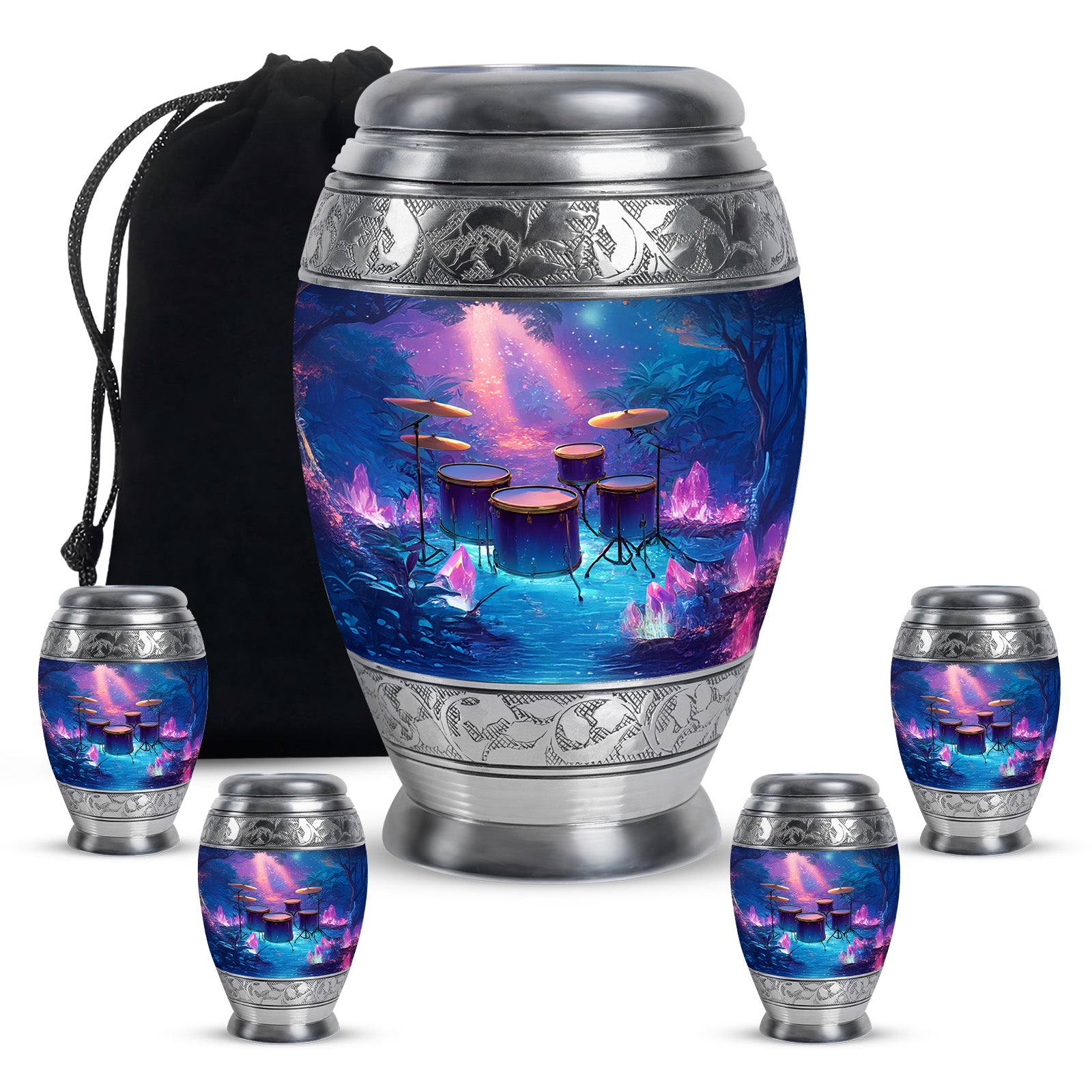 Azure Drums Cremation Urn detail view - ornate monarch-style drums relief on brushed aluminum - memorial set with one large and four small urns