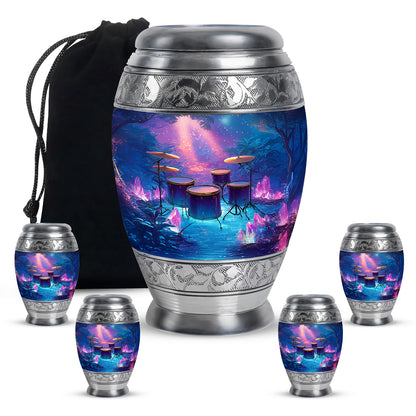 Azure Drums Cremation Urn detail view - ornate monarch-style drums relief on brushed aluminum - memorial set with one large and four small urns