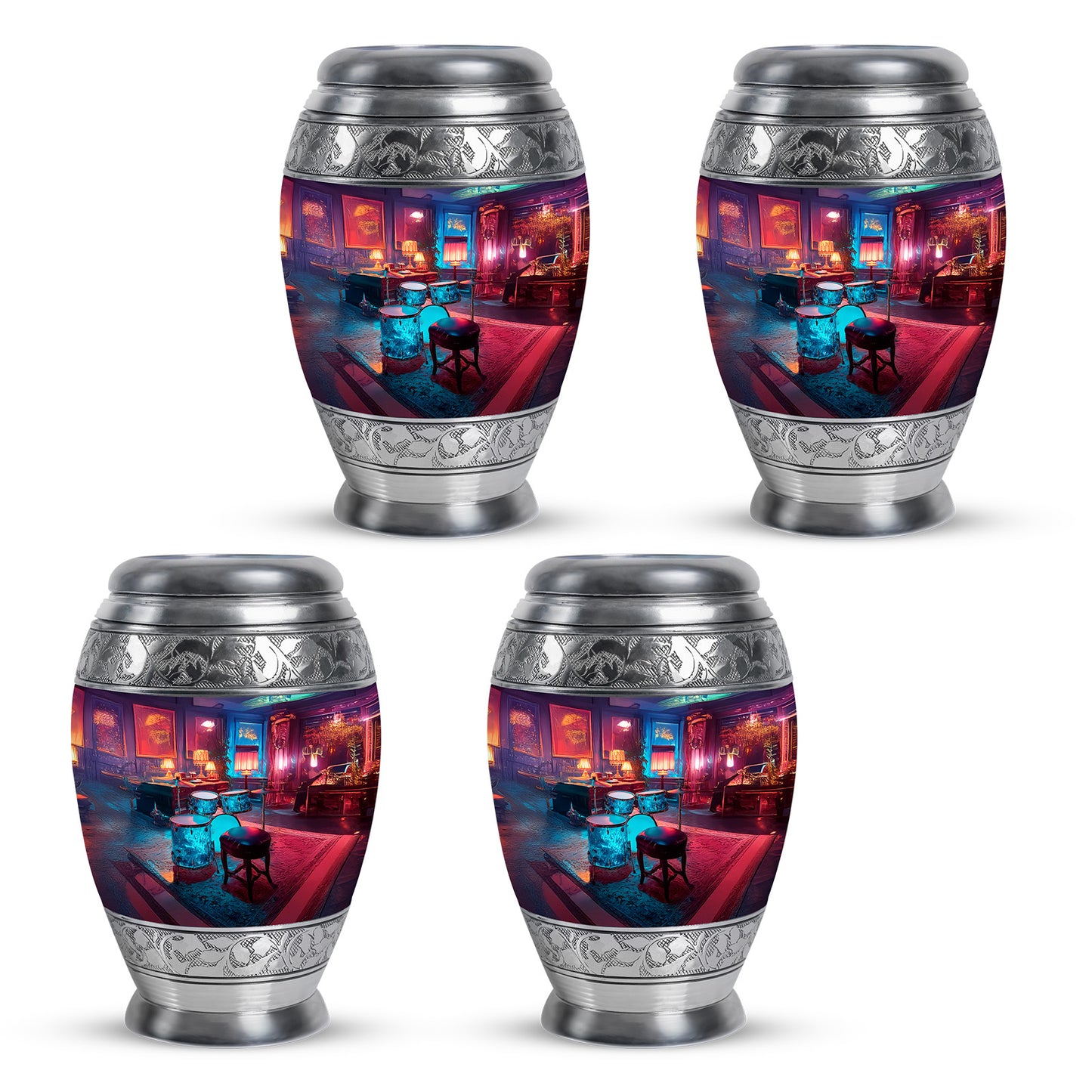 Powder Blue Drums Cremation Urn urn with complimentary velvet bag - ornate monarch-style drums relief on brushed aluminum - 10 inch aluminum urn for cremated remains