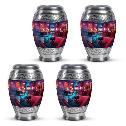 Powder Blue Drums Cremation Urn urn with complimentary velvet bag - ornate monarch-style drums relief on brushed aluminum - 10 inch aluminum urn for cremated remains