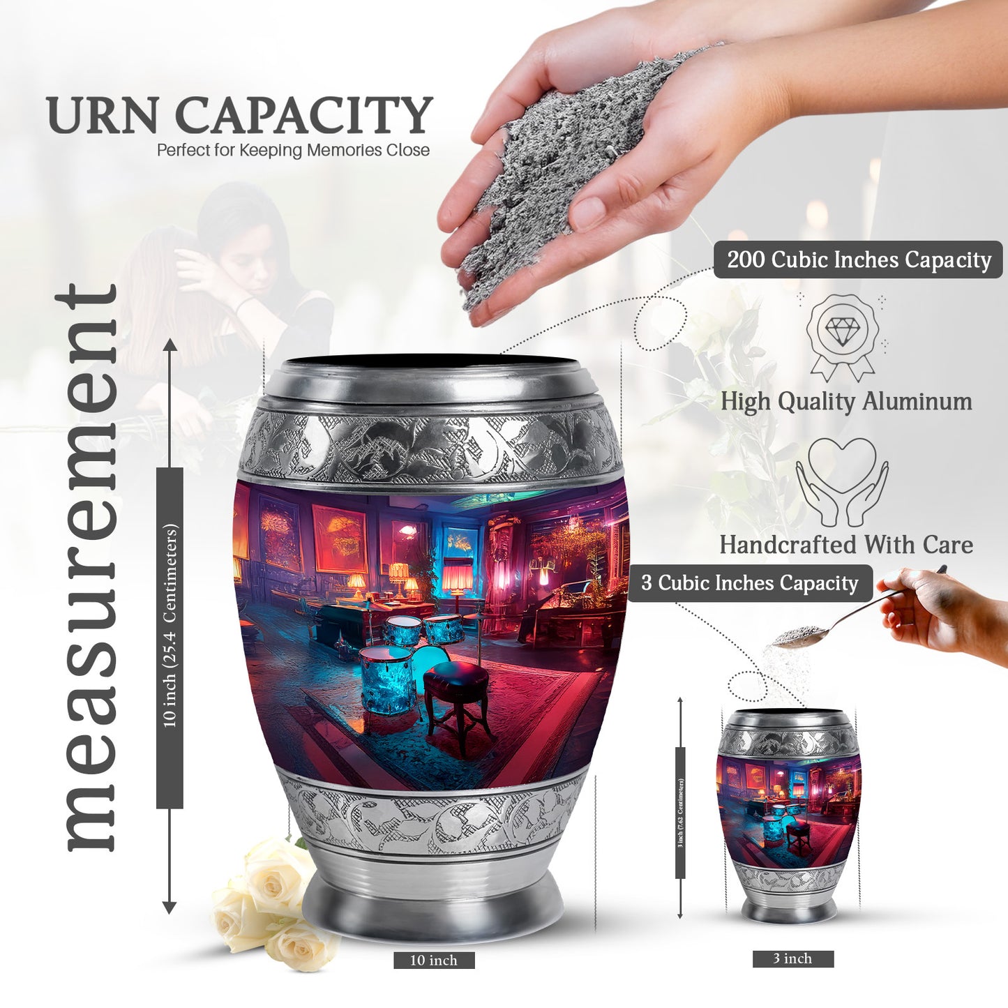 Bright Blue Drums Cremation Urn lifestyle display on memorial shelf - royal drums engraving with decorative scrollwork - mini keepsake memorial for portion of cremation ashes