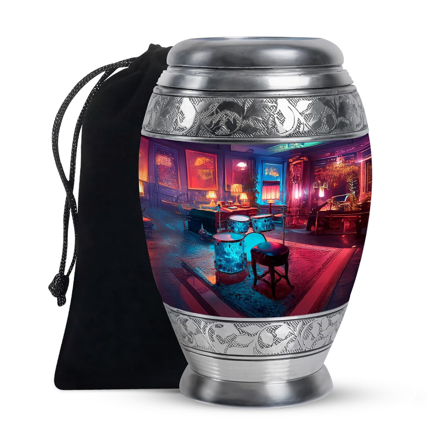 Misty Blue Drums Cremation Urn back view with polished surface - regal drums design with crown-inspired accents - full-size 10 inch 200 cubic inch adult cremation urn
