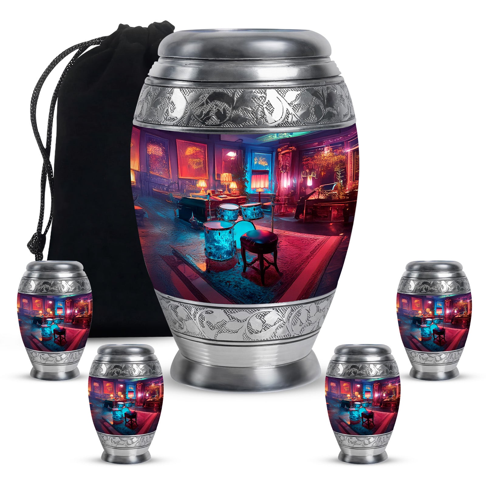 Slate Blue Drums Cremation Urn detail view - regal drums design with crown-inspired accents - memorial set with one large and four small urns