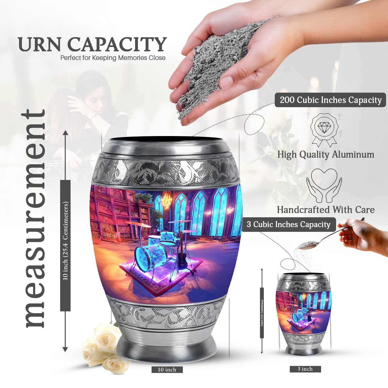 Amethyst Purple Drums Cremation Urn lifestyle display on memorial shelf - regal drums design with crown-inspired accents - mini keepsake memorial for portion of cremation ashes