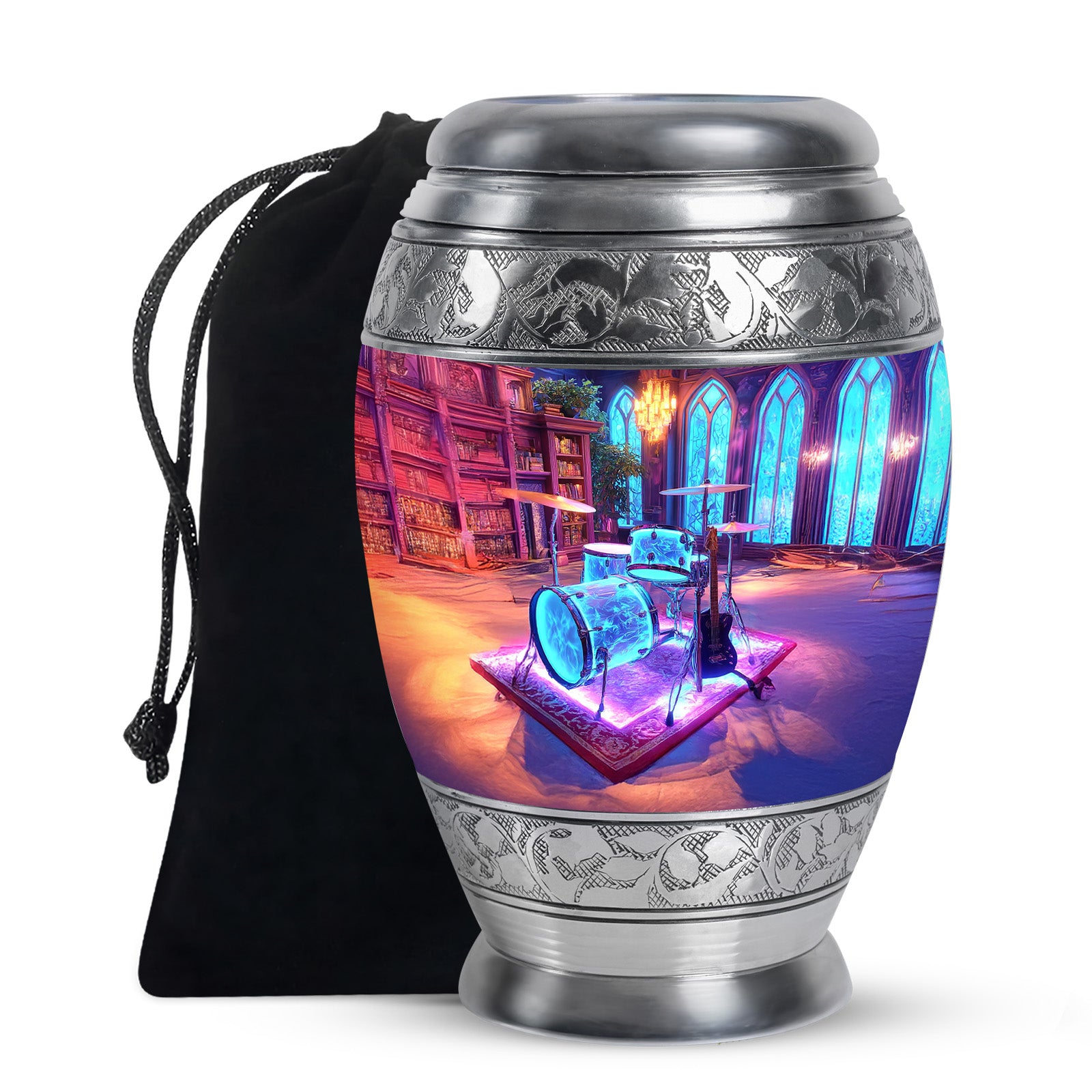 Orchid Purple Drums Cremation Urn back view with polished surface - regal drums design with crown-inspired accents - full-size 10 inch 200 cubic inch adult cremation urn