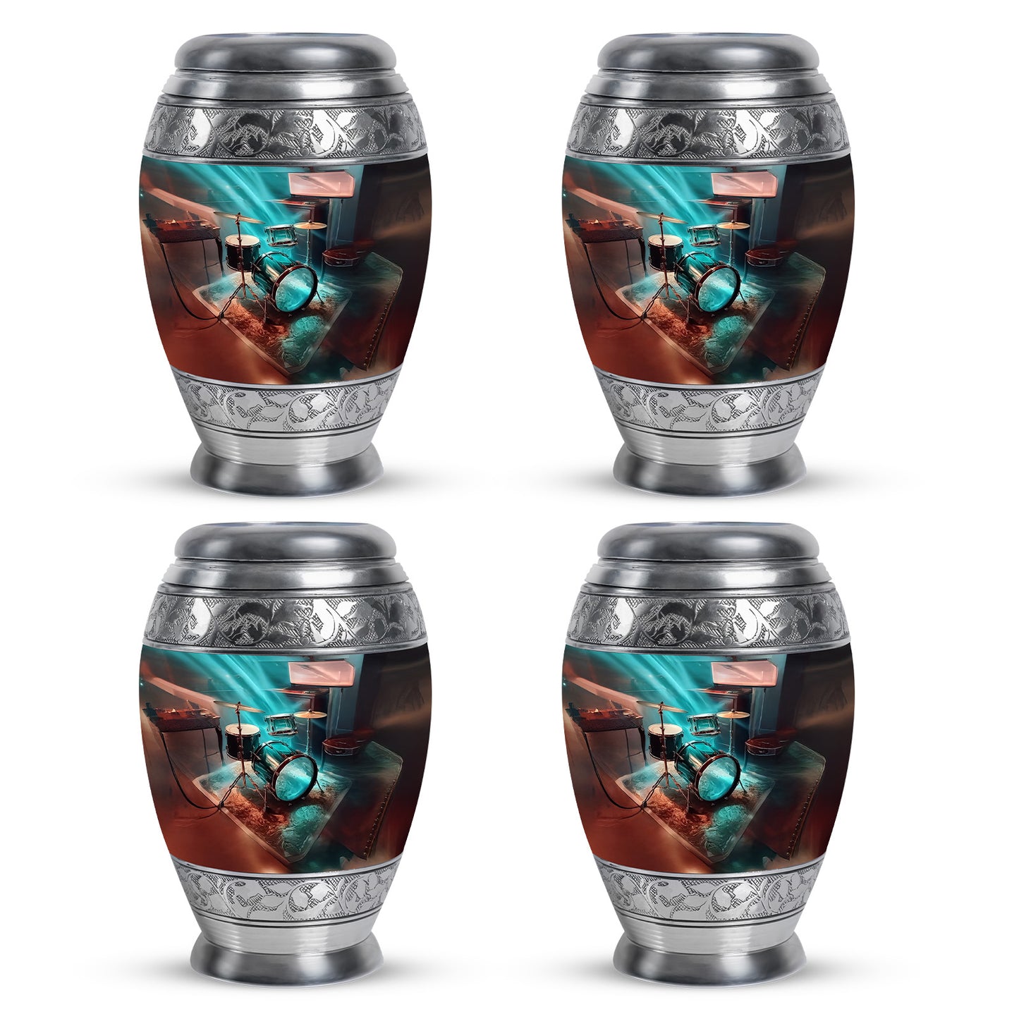 Tropical Teal Drums Cremation Urn urn with complimentary velvet bag - majestic drums pattern with filigree border - 10 inch aluminum urn for cremated remains