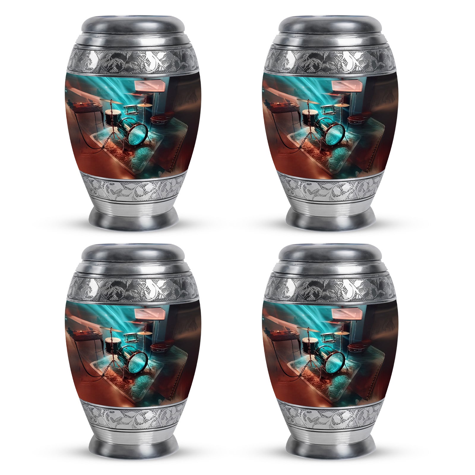 Tropical Teal Drums Cremation Urn urn with complimentary velvet bag - majestic drums pattern with filigree border - 10 inch aluminum urn for cremated remains