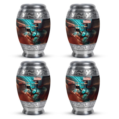 Tropical Teal Drums Cremation Urn urn with complimentary velvet bag - majestic drums pattern with filigree border - 10 inch aluminum urn for cremated remains