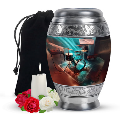 Soft Teal Drums Cremation Urn back view with polished surface - ornate monarch-style drums relief on brushed aluminum - full-size 10 inch 200 cubic inch adult cremation urn