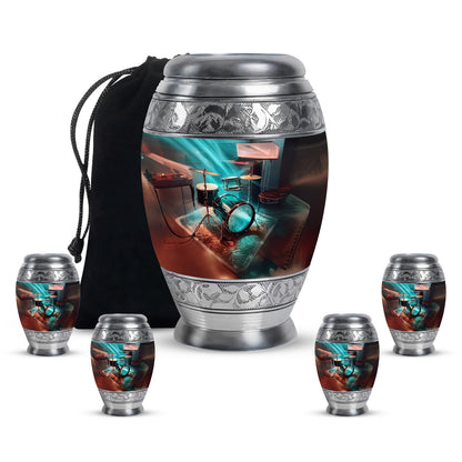 Aqua Teal Drums Cremation Urn detail view - royal drums engraving with decorative scrollwork - memorial set with one large and four small urns