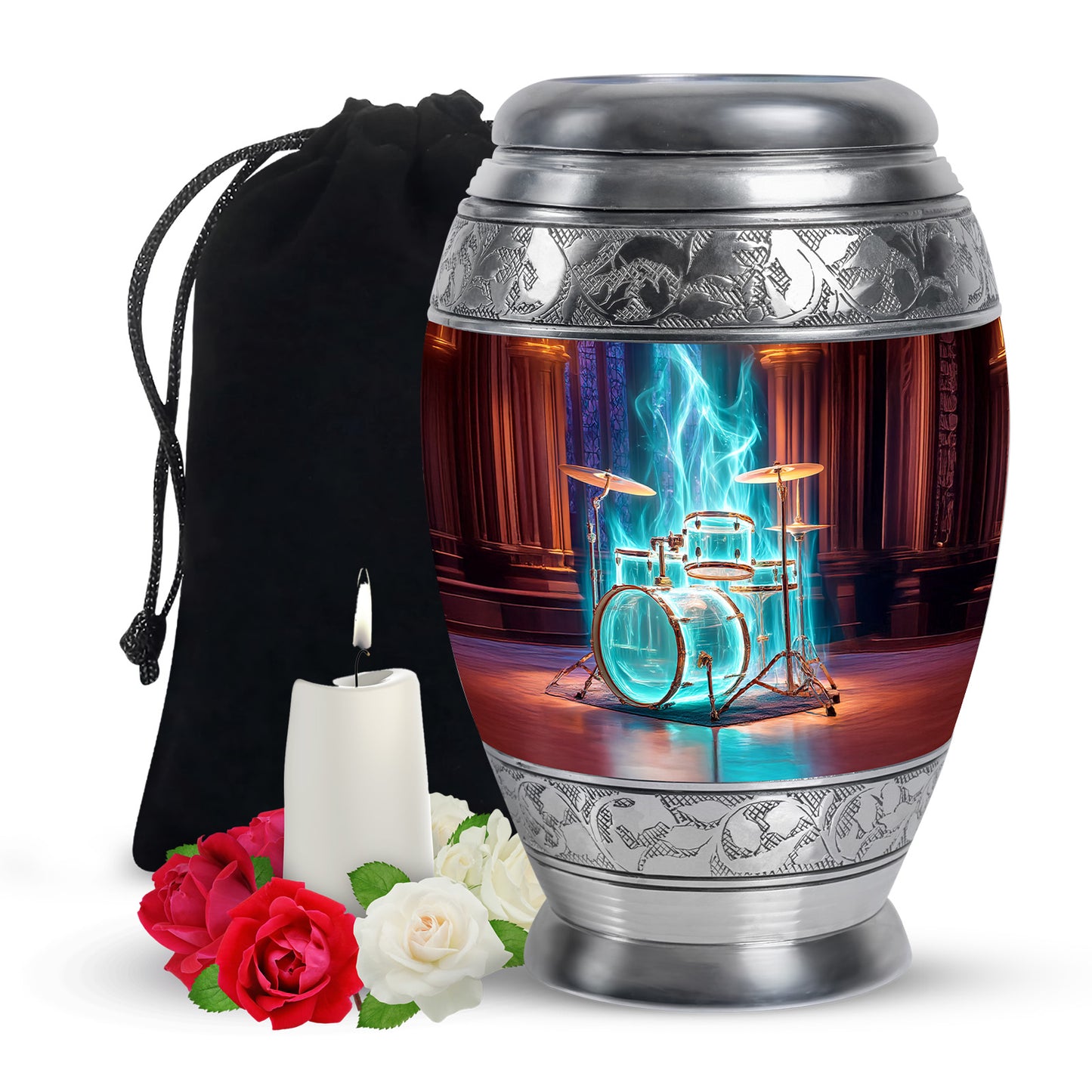 Garnet Red Drums Cremation Urn back view with polished surface - regal drums design with crown-inspired accents - full-size 10 inch 200 cubic inch adult cremation urn