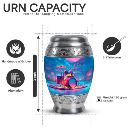 Majestic Purple Drums Cremation Urn lifestyle display on memorial shelf - ornate monarch-style drums relief on brushed aluminum - mini keepsake memorial for portion of cremation ashes