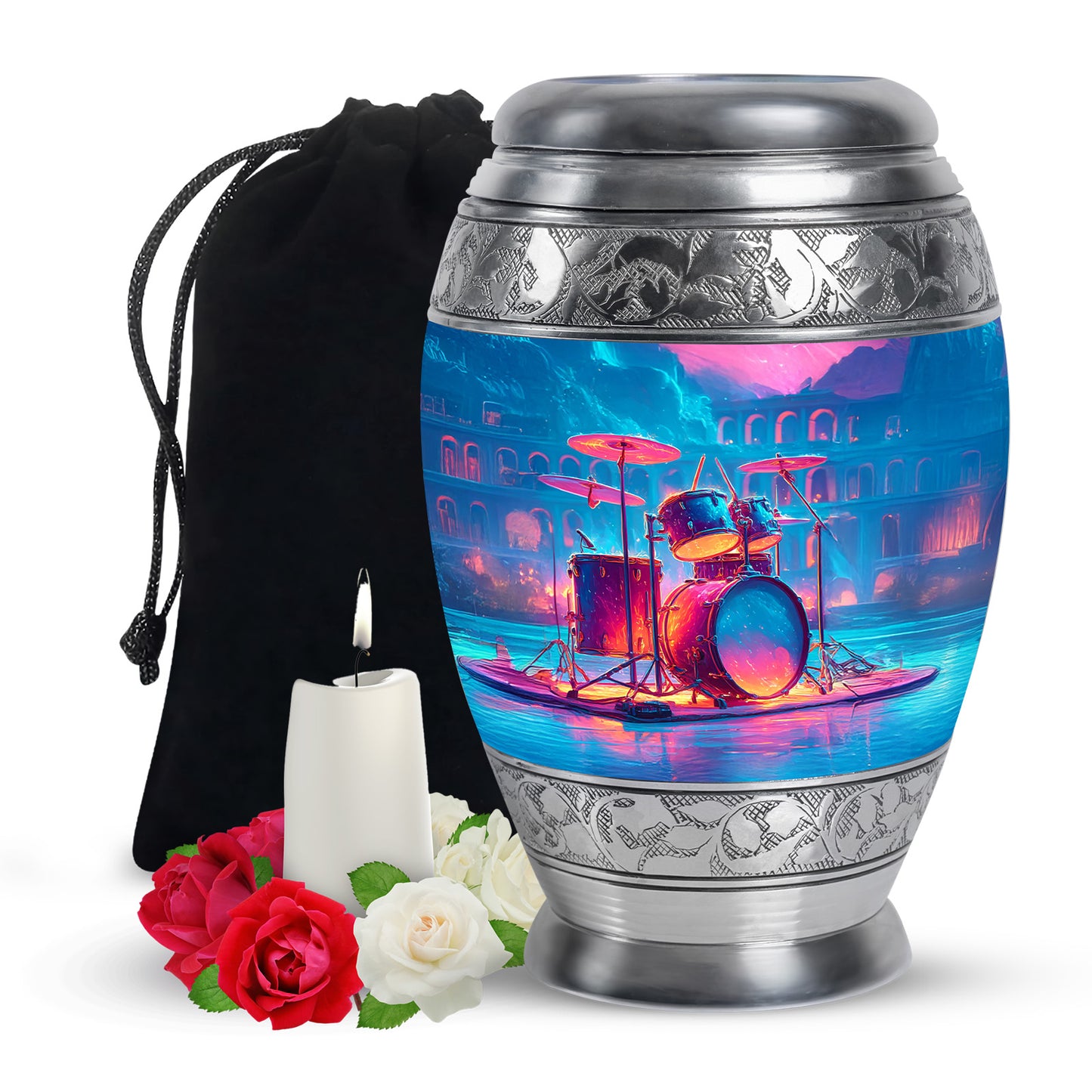 Lavender Purple Drums Cremation Urn back view with polished surface - royal drums engraving with decorative scrollwork - full-size 10 inch 200 cubic inch adult cremation urn
