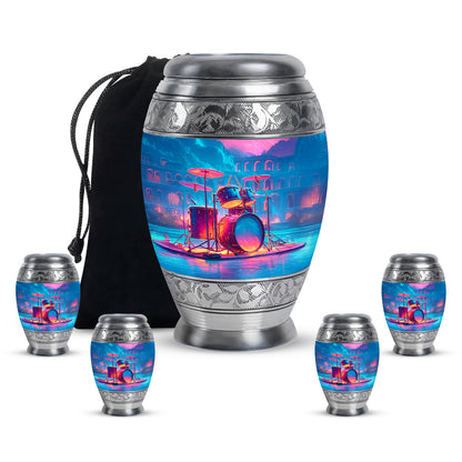 Twilight Purple Drums Cremation Urn detail view - majestic drums pattern with filigree border - memorial set with one large and four small urns