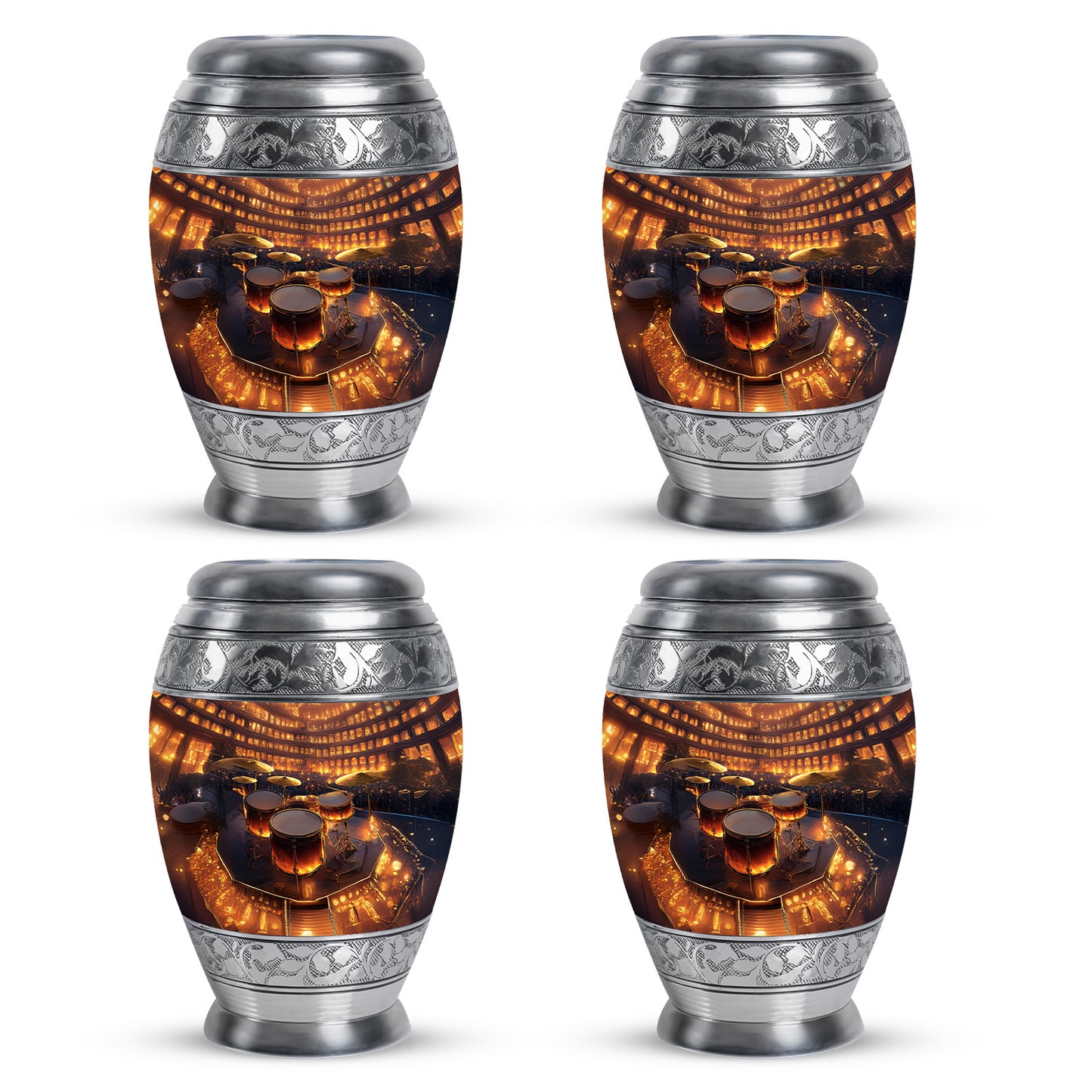 Antique Gold Drums Cremation Urn urn with complimentary velvet bag - regal drums design with crown-inspired accents - 10 inch aluminum urn for cremated remains